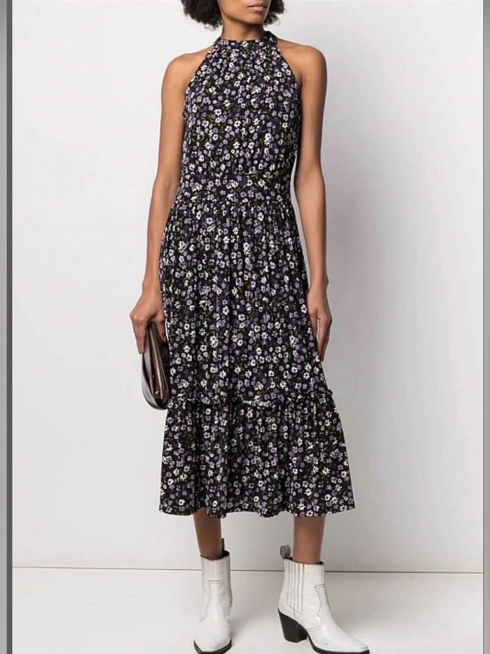 Michael Kors Floral Tiered Halter Dress Medium M Purple Black Ruffle Wedding Gst